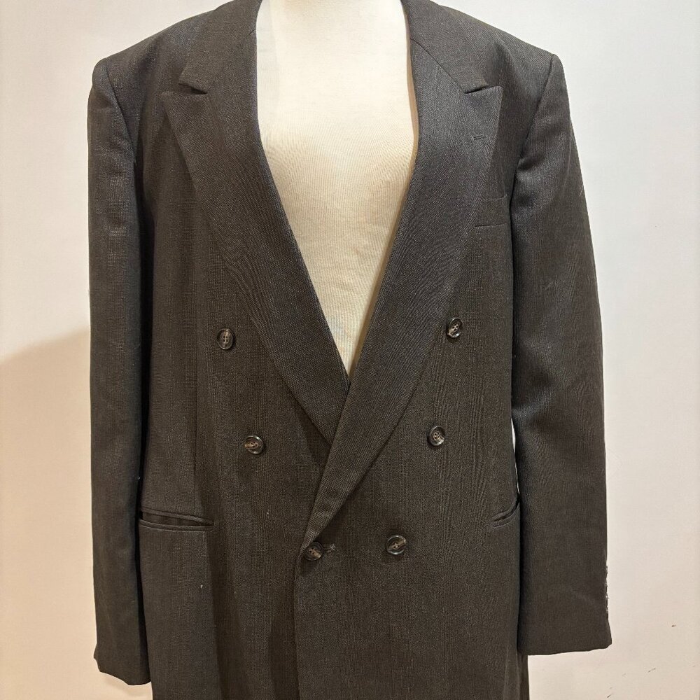 Vintage Oleg Cassini Double Breasted Brown Herringbone Plaid Blazer Mens L 44